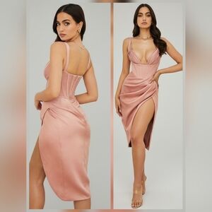 NWT- House Of CB Faye rose satin pleated midi dress Sz S